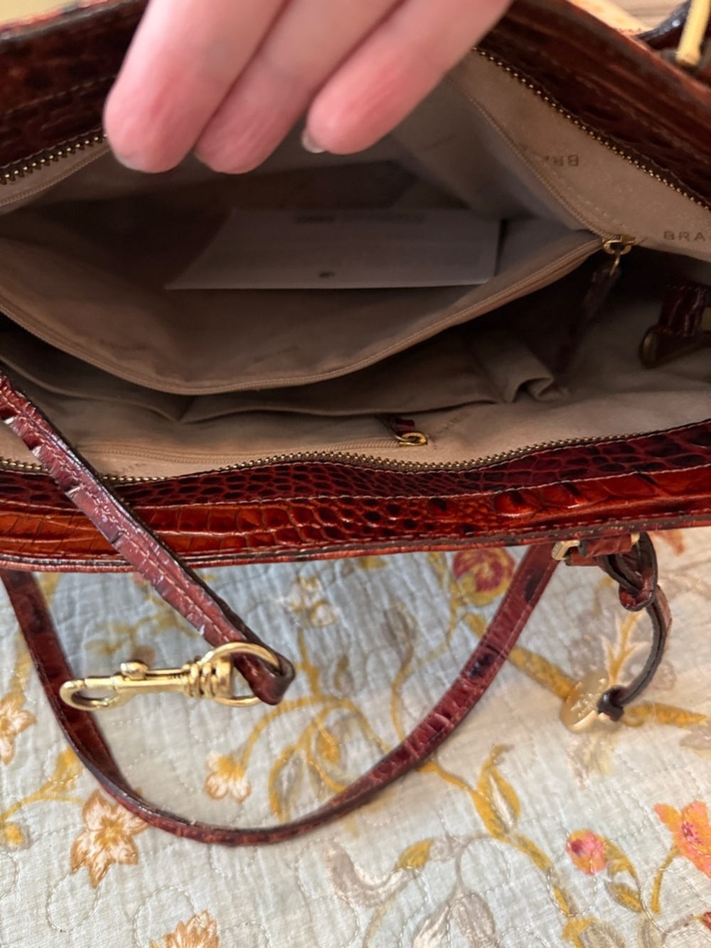 Brahmin Croc-Embossed Leather Tote in Burgundy - Picture 13 of 14